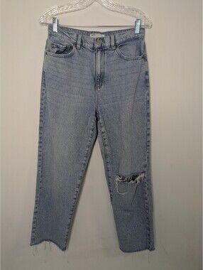 Garage Denim Light Wash Vintage Straight Jeans – High Waist Distressed Hem